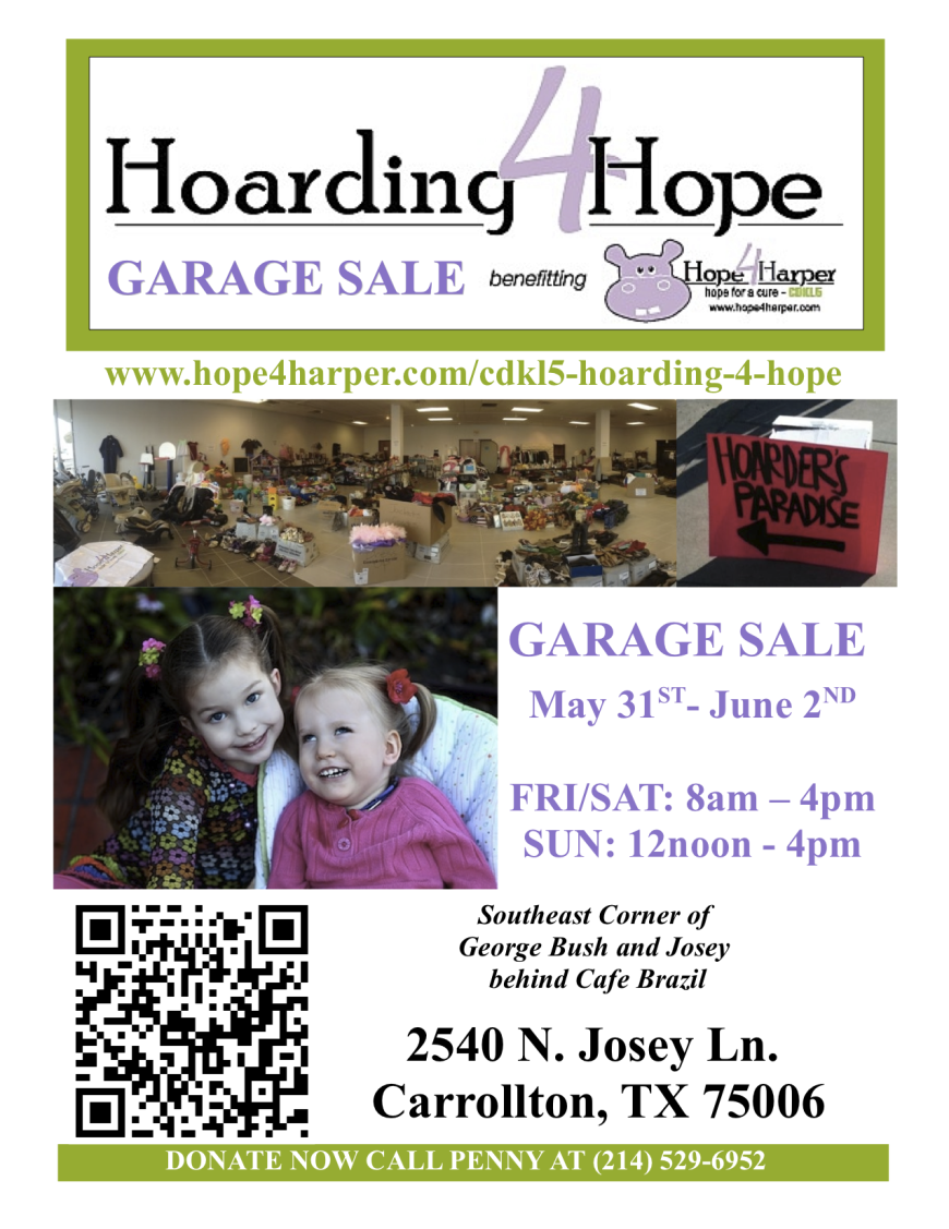 Flyer for 2013 Hoarding for Hope Garage Sale in Carrollton, TX